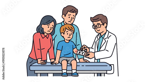 Family at Doctor's Office: A concerned family stands by as a doctor provides medical care to their injured child, offering support and reassurance during a moment of need.