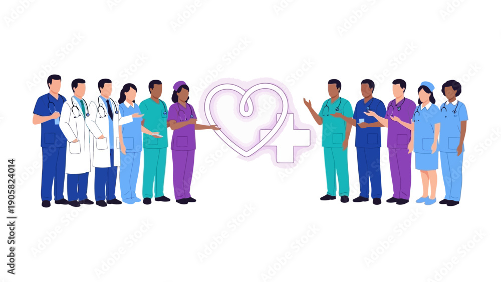 Fototapeta premium Team of Healthcare Heroes: Dedicated healthcare professionals stand united, forming a strong line around a heart symbol, symbolizing care and compassion.