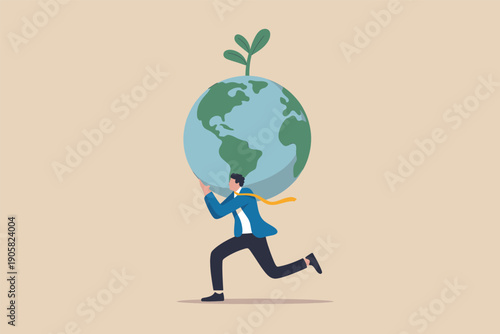 A determined individual carrying the weight of global responsibility with a green sprout growing from the earth