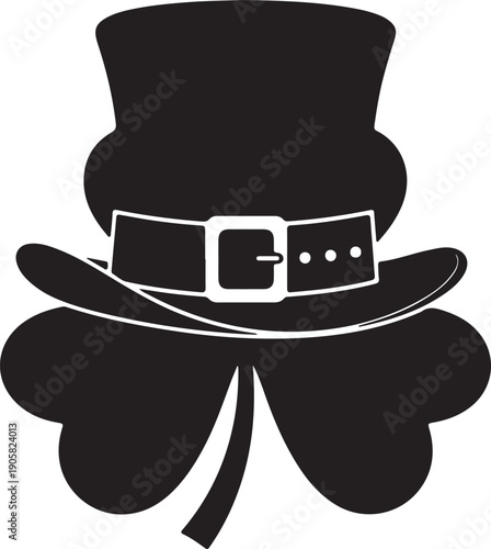 "Black silhouette illustration of three leaf clover with leprechaun hat featuring buckle and holes, minimalist decorative artwork symbolizing Irish culture, St Patrick’s Day and creative modern stock 
