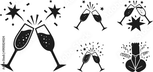 Celebratory champagne toasts with confetti and stars