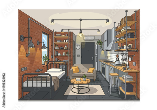 Modern studio apartment interior with bed, kitchen, and living area in a compact, well-designed space viewed from the entrance