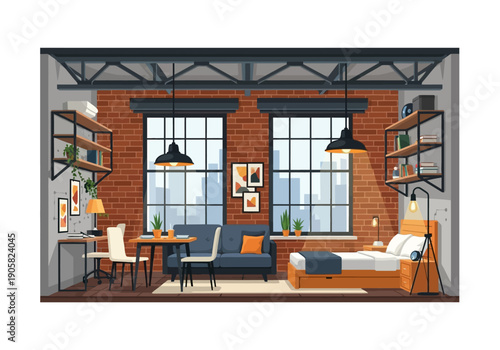 Modern loft interior with exposed brick walls and industrial lighting