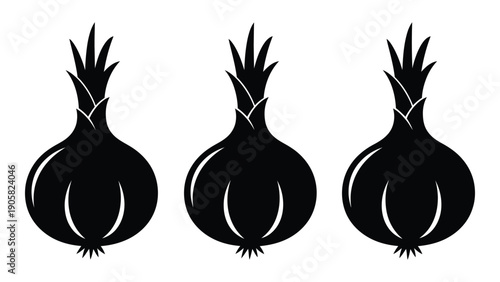 Three black and white illustrations of onions with green tops. Vector
