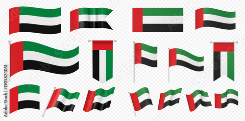Collection of United Arab Emirates flags in various styles and waving positions on a transparent background.