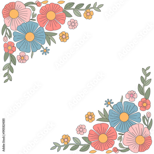 Colorful floral border with pink blue and yellow flowers and green leaves on transparent background