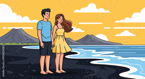 Couple standing on a black sand beach with volcanic mountains