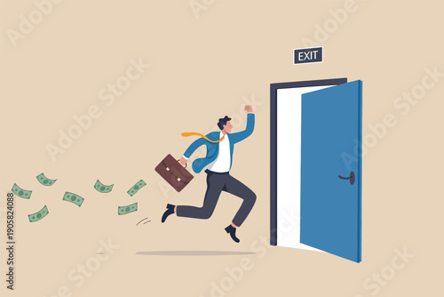 A businessman escapes with cash through an exit door during a chaotic situation.