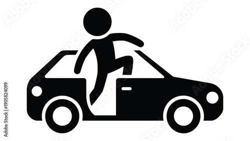 Car theft icon illustration showing person stealing vehicle, auto crime and security risk concept, black and white warning symbol