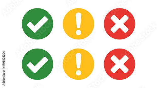 Green checkmark yellow exclamation mark and red cross icons on white background