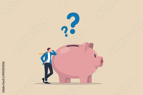 Man pondering over the mysteries of a giant piggy bank representing financial uncertainty