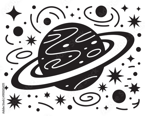 Stylized illustration of planet Saturn with rings surrounded by stars swirls and abstract space elements