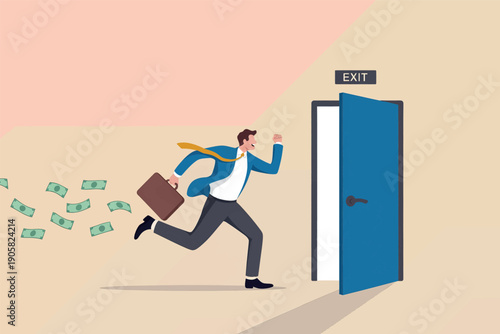 Businessman sprinting towards a vault filled with money while bills fly around him.