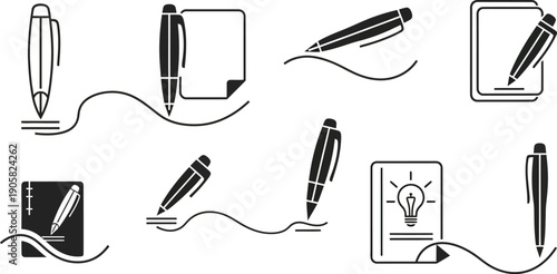 Stunning black and white icons of pens and notebooks for creative writing and business concepts
