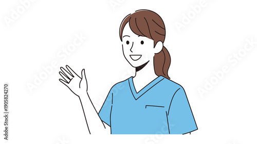 Nurse's Friendly Gesture: A healthcare professional, adorned in medical scrubs, extends a welcoming hand with a genuine smile, embodying warmth and care.