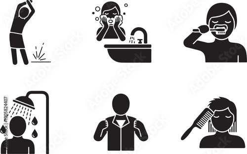 Illustrations of a person's morning routine from waking up to leaving the house