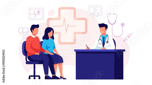 Consultation and Care: A doctor in a pristine medical setting consults with a couple, fostering trust and providing support, with medical symbols indicating care and health.