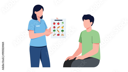 Nutrition Consultation: A healthcare professional presents a vibrant visual of healthy food choices to a patient, fostering a proactive approach to wellness. 