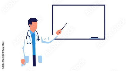 Medical Presentation: A doctor, wearing a stethoscope, stands confidently, gesturing towards a blank whiteboard, ready to explain with his explanation