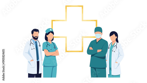 Medical Professionals Teamwork: Depicting a healthcare team with confidence, standing together in front of a medical cross emblem.