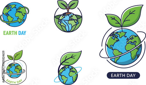 Earth day illustrations featuring globe with leaves