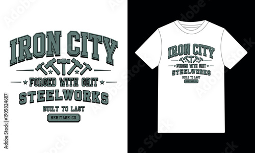 Iron City Steelworks Vintage Typography T-Shirt Design, Forged with Grit Industrial Graphic