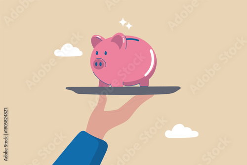 A hand holding a tray with a pink piggy bank symbolizing savings and financial planning.