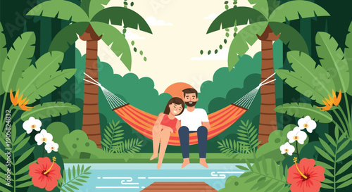 Happy couple sitting in a hammock in a lush tropical garden