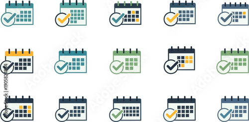 Variety of colorful calendar icons with checkmarks for organization and planning