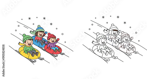 Happy children sledding on snow tubes down a hill vector illustration. Cute cartoon kids winter activity in color and black and white outline for coloring book page.