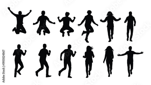 A diverse collection of people silhouettes in various dynamic poses and activities Vector