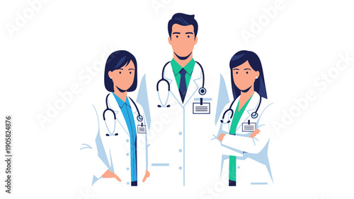Medical Professionals United: A confident trio of medical experts, each bearing a stethoscope, ready to bring healing and care to the forefront. Embodying trust and expertise in a healthcare setting.
