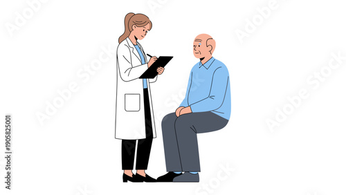 Medical Consultation Illustration: A compassionate medical professional meticulously documents observations during a patient consultation, illustrating a scene of care and attentive healthcare.