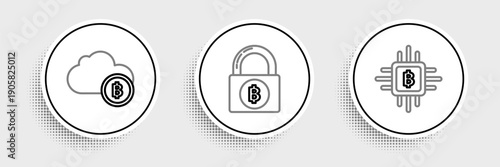 Set line CPU mining farm, Cryptocurrency cloud and Lock with bitcoin icon. Vector