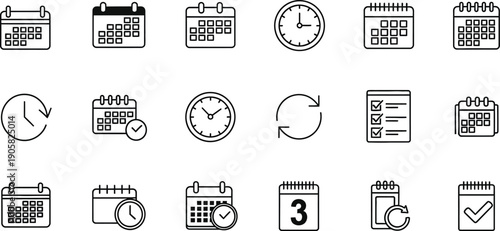 Set of modern line style calendar and clock icons for time management