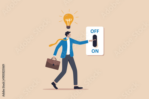 Business professional deciding between turning ideas on or off with a lightbulb thought.