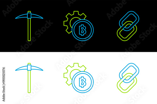 Set line Chain link, Pickaxe and Cryptocurrency coin Bitcoin icon. Vector