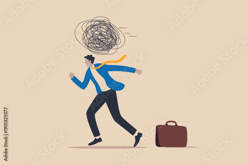 Stressed professional running away with a briefcase and tangled thoughts in mind.
