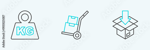 Set line Carton cardboard box, Weight and Hand truck and boxes icon. Vector
