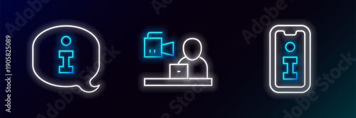 Set line Information, and Breaking news icon. Glowing neon. Vector