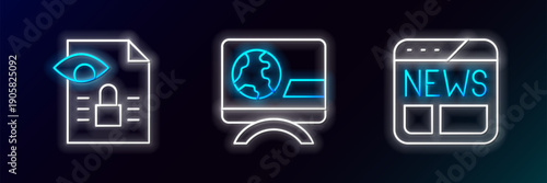 Set line News, Journalistic investigation and Breaking news icon. Glowing neon. Vector