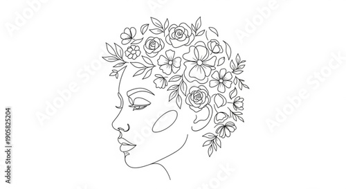 Woman with flowers in hair floral crown peaceful face line art illustration