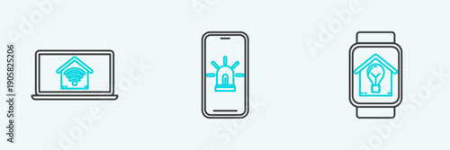 Set line Smart watch with smart house and light bulb, Laptop home wi-fi and Mobile phone alarm icon. Vector