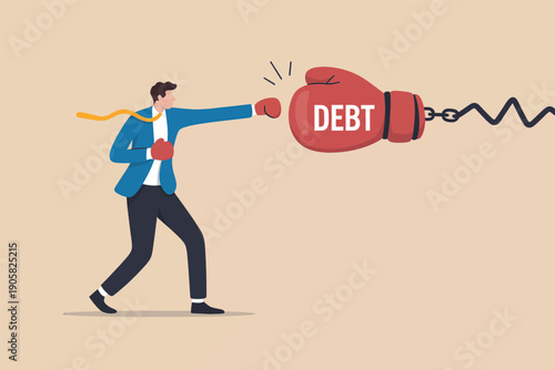 A person struggling to break free from the burden of debt with a boxing glove.