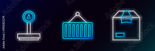 Set line Carton cardboard box, Scale and Container crane icon. Glowing neon. Vector