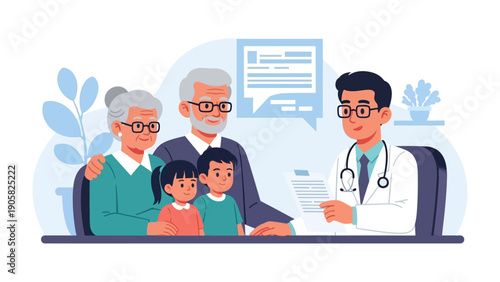 Family Consultation: An illustrated scene depicts a warm family meeting with a doctor, ensuring comprehensive healthcare and wellness. 