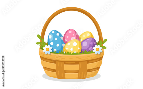 Colorful Easter eggs in a wicker basket with flowers and grass
