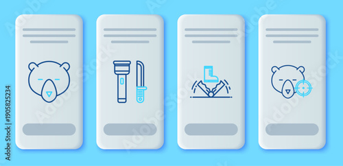 Set line Flashlight and knife, Trap hunting, Bear head and Hunt on bear with crosshairs icon. Vector