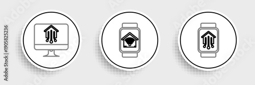 Set line Smart home with smart watch, Computer monitor and wi-fi icon. Vector