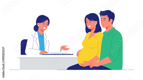 Prenatal Appointment: A pregnant woman and her partner consult a healthcare professional. discussing well-being and anticipation. 